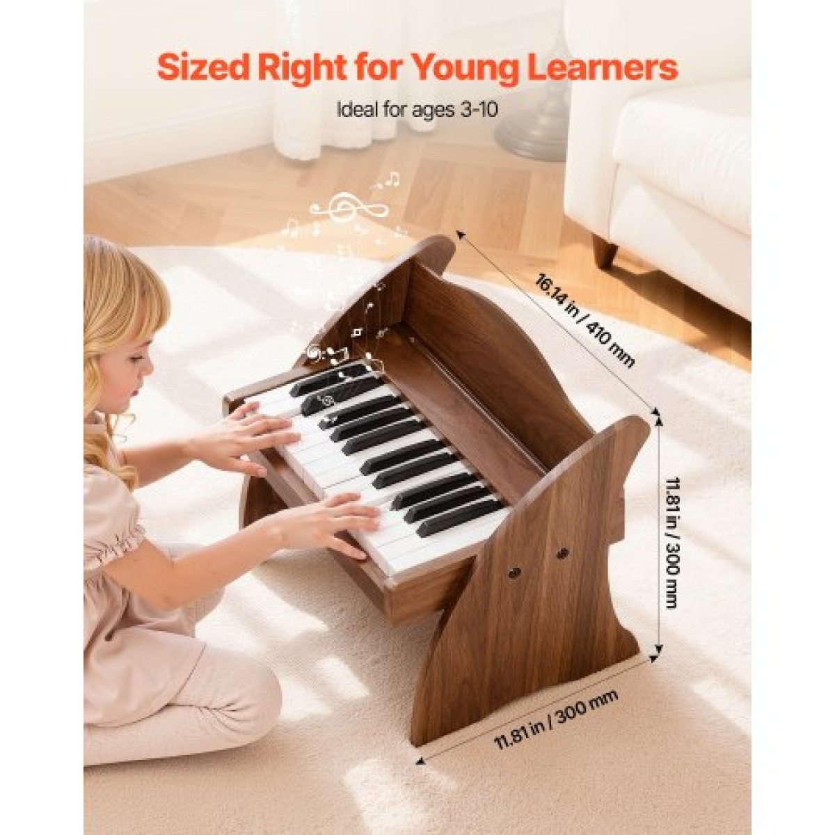 Πληκτρολόγιο VEVOR Kids Piano, Ξύλινο ψηφιακό πιάνο 25 πλήκτρων για παιδιά, Μίνι μουσικό εκπαιδευτικό όργανο παιχνίδι με ρεαλιστικό ήχο, διπλή ισχύς, ρυθμιζόμενη ένταση για νήπια, αγόρια κορίτσια εκμάθηση, καρυδιά