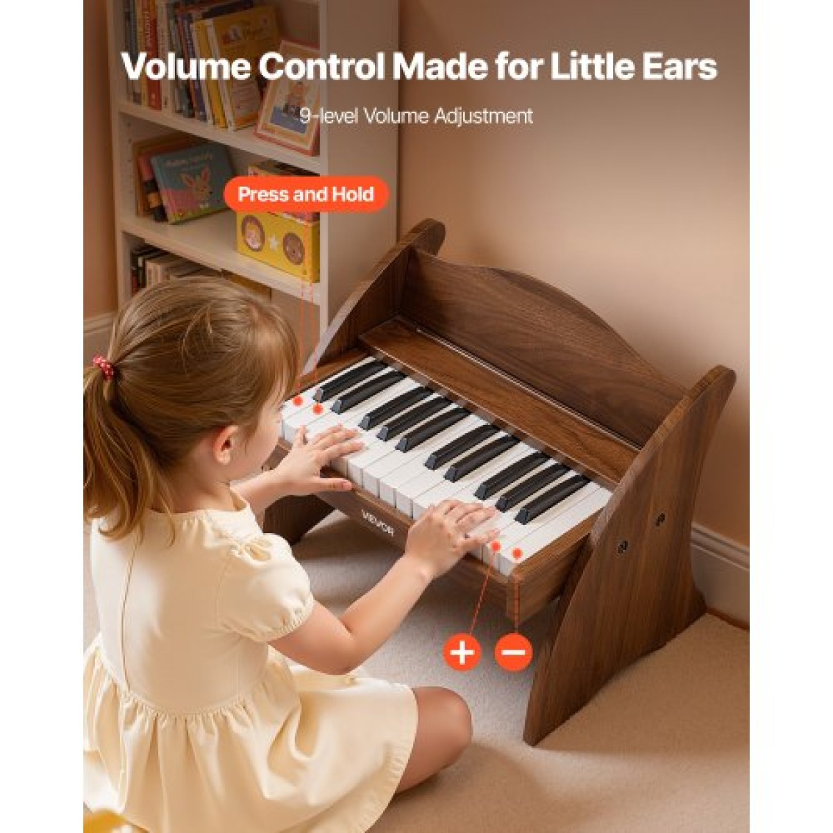 Πληκτρολόγιο VEVOR Kids Piano, Ξύλινο ψηφιακό πιάνο 25 πλήκτρων για παιδιά, Μίνι μουσικό εκπαιδευτικό όργανο παιχνίδι με ρεαλιστικό ήχο, διπλή ισχύς, ρυθμιζόμενη ένταση για νήπια, αγόρια κορίτσια εκμάθηση, καρυδιά