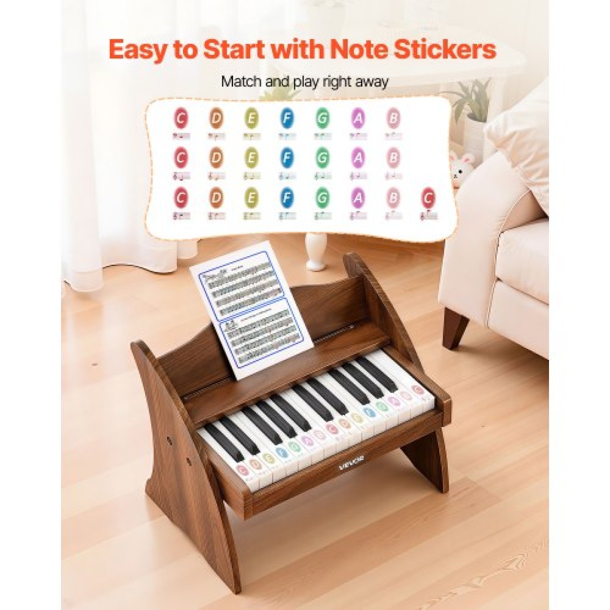 Πληκτρολόγιο VEVOR Kids Piano, Ξύλινο ψηφιακό πιάνο 25 πλήκτρων για παιδιά, Μίνι μουσικό εκπαιδευτικό όργανο παιχνίδι με ρεαλιστικό ήχο, διπλή ισχύς, ρυθμιζόμενη ένταση για νήπια, αγόρια κορίτσια εκμάθηση, καρυδιά