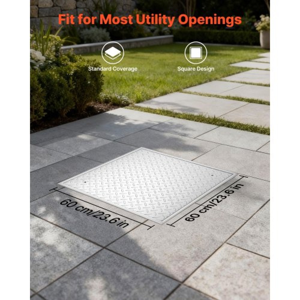 VEVOR Manhole Cover with Frame, 600 x 600mm Square Septic Tank Lid with Base, Heavy-Duty Slip-Resistant Carbon Steel Drain Channel Inspection Access Cover for Pavements Gardens