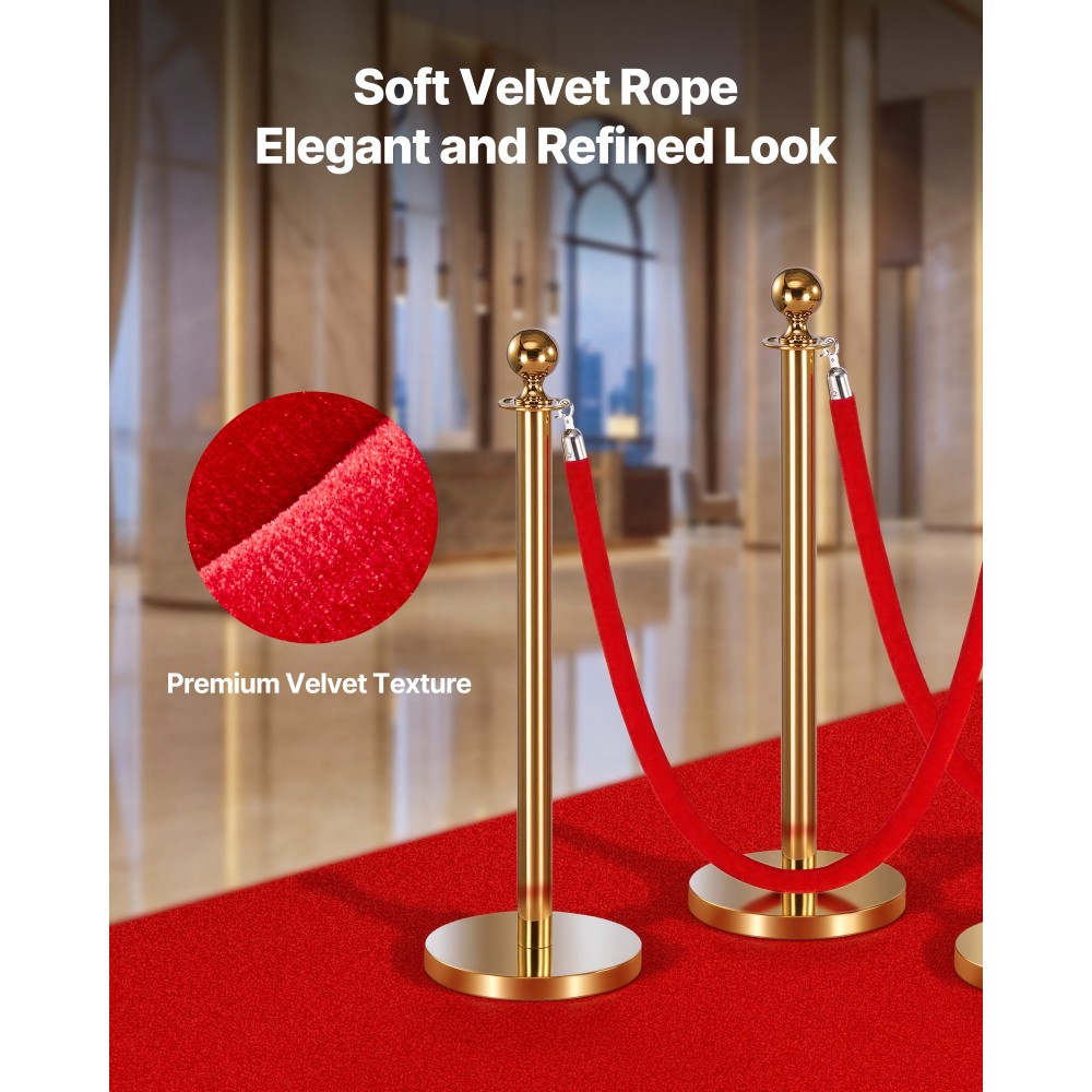 VEVOR 4 τεμ. Red Velvet Stanchion Ropes, 1,5 m Crowd Control Stanchion Red Velvet Ropes with Silver Hooks, Post Queue Barrier Carpet Rope for Carpet Events Κινηματογράφοι Μεγάλα εγκαίνια Ξενοδοχεία Πάρτι