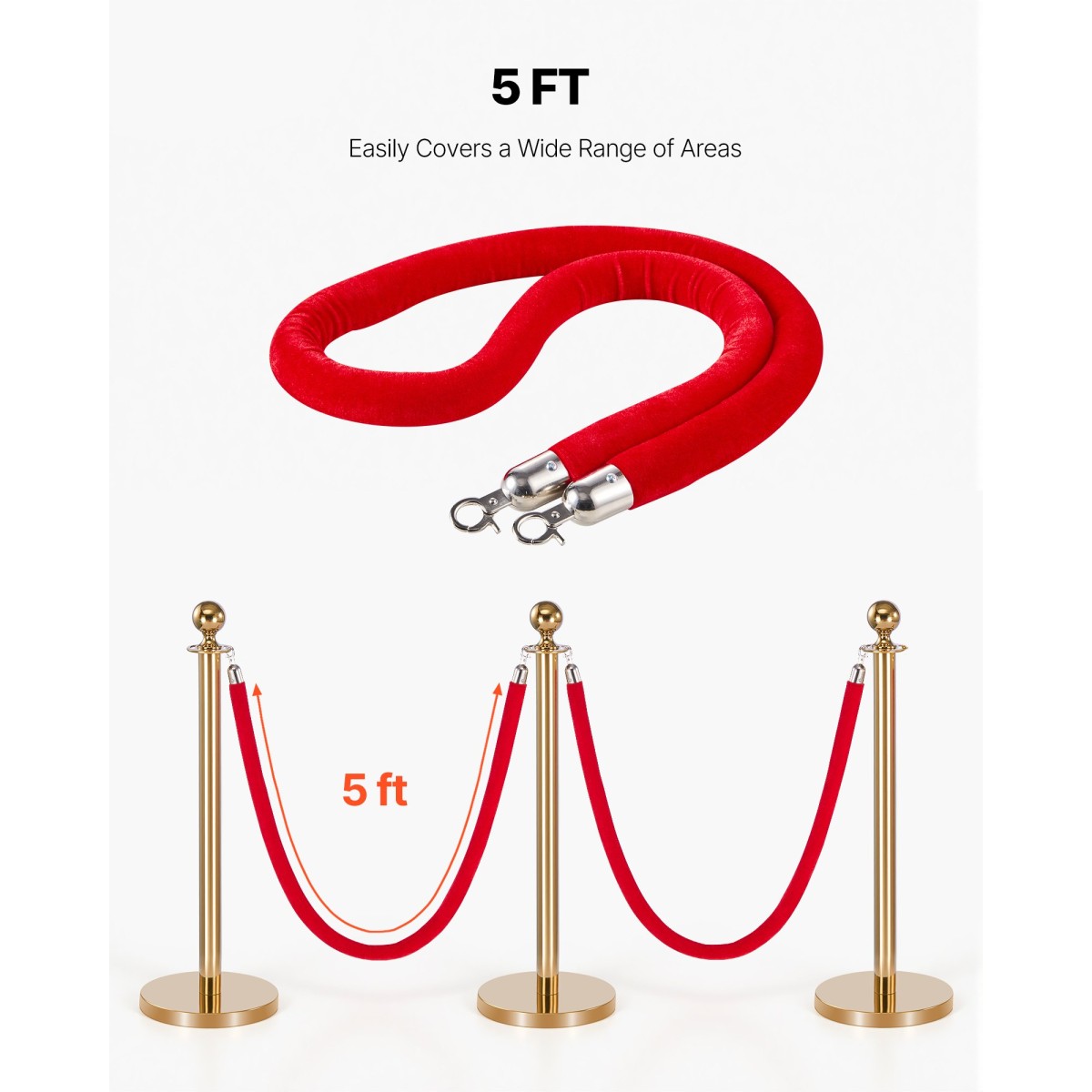 VEVOR 4 τεμ. Red Velvet Stanchion Ropes, 1,5 m Crowd Control Stanchion Red Velvet Ropes with Silver Hooks, Post Queue Barrier Carpet Rope for Carpet Events Κινηματογράφοι Μεγάλα εγκαίνια Ξενοδοχεία Πάρτι