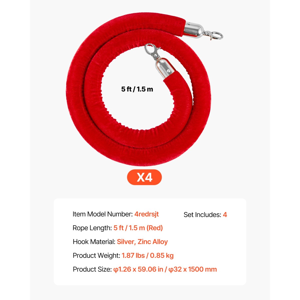 VEVOR 4 τεμ. Red Velvet Stanchion Ropes, 1,5 m Crowd Control Stanchion Red Velvet Ropes with Silver Hooks, Post Queue Barrier Carpet Rope for Carpet Events Κινηματογράφοι Μεγάλα εγκαίνια Ξενοδοχεία Πάρτι