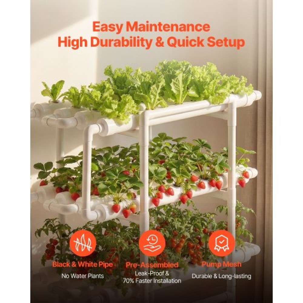 VEVOR Hydroponics Growing System Kit, 3-Tier 108 Sites UPVC Pipe Hydroponic Grow Kit with Timed Irigation, Sun & Light Blocking Pipes, Indoor Home Garden Vegetable Planting Kit for Fruit Herb