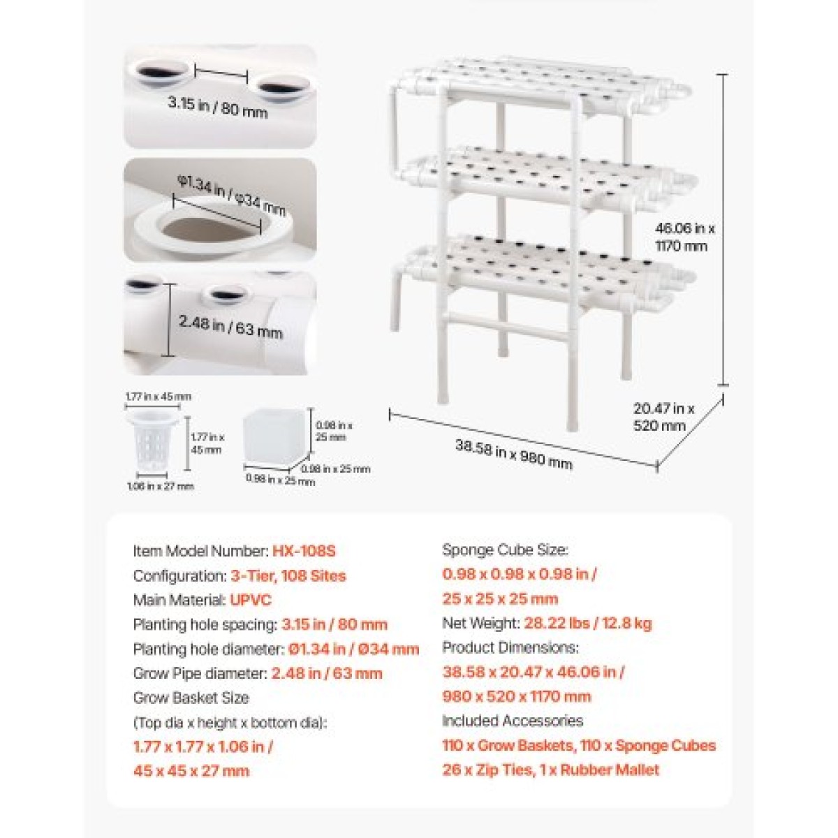 VEVOR Hydroponics Growing System Kit, 3-Tier 108 Sites UPVC Pipe Hydroponic Grow Kit with Timed Irigation, Sun & Light Blocking Pipes, Indoor Home Garden Vegetable Planting Kit for Fruit Herb