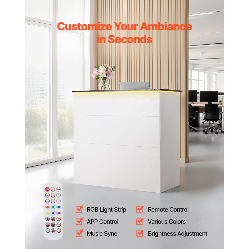 VEVOR Reception Desk, 127,5cm Ορθογώνιο Μπροστινό Τραπέζι, Μοντέρνο Γραφείο Υποδοχής Γραφείου με Φωτιστικό, 3 Συρτάρια & Ντουλάπες Αποθήκευσης, Τραπέζι λιανικής για ταμείο, Λόμπι, Σαλόνι, Γραφείο