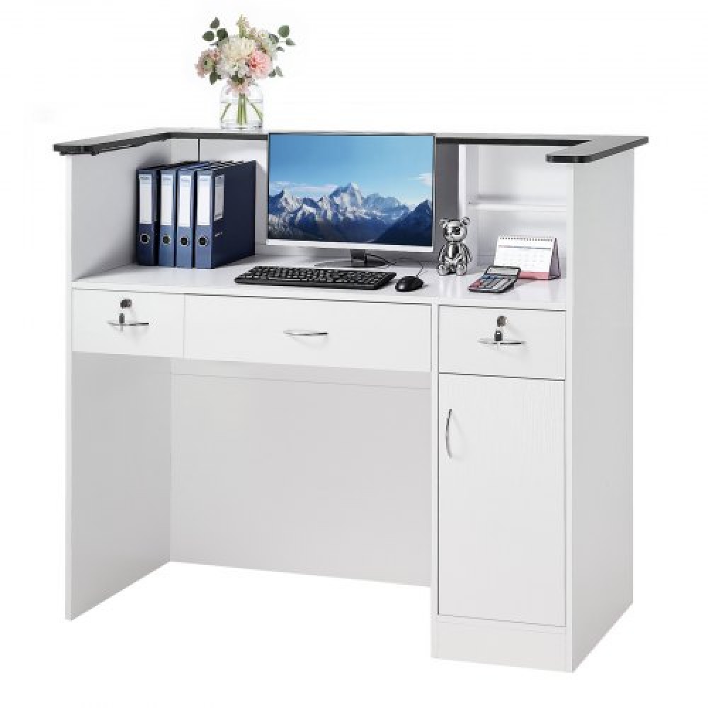 VEVOR Reception Desk, 127.5cm Rectangular Front Counter Table, Modern Office Reception Desk with Light Strip, 3 Drawers & Storage Cabinets, Retail Counter Table for Checkout, Lobby, Salon, Office