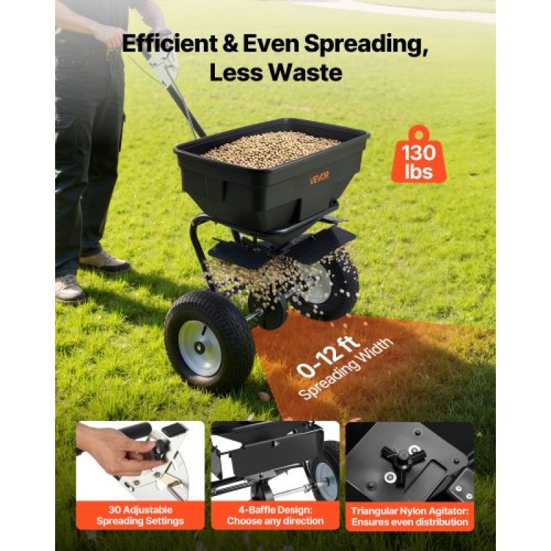 VEVOR Walk-Behind Spreader, πλάτος διασποράς 3,66 m, Push Broadcast Spreader με ελαστικά παντός εδάφους 13", Ρυθμιζόμενος έλεγχος ροής, χοάνη χωρητικότητας 59 kg, Διανομείς γκαζόν για λιώσιμο πάγου σπόρων λιπασμάτων