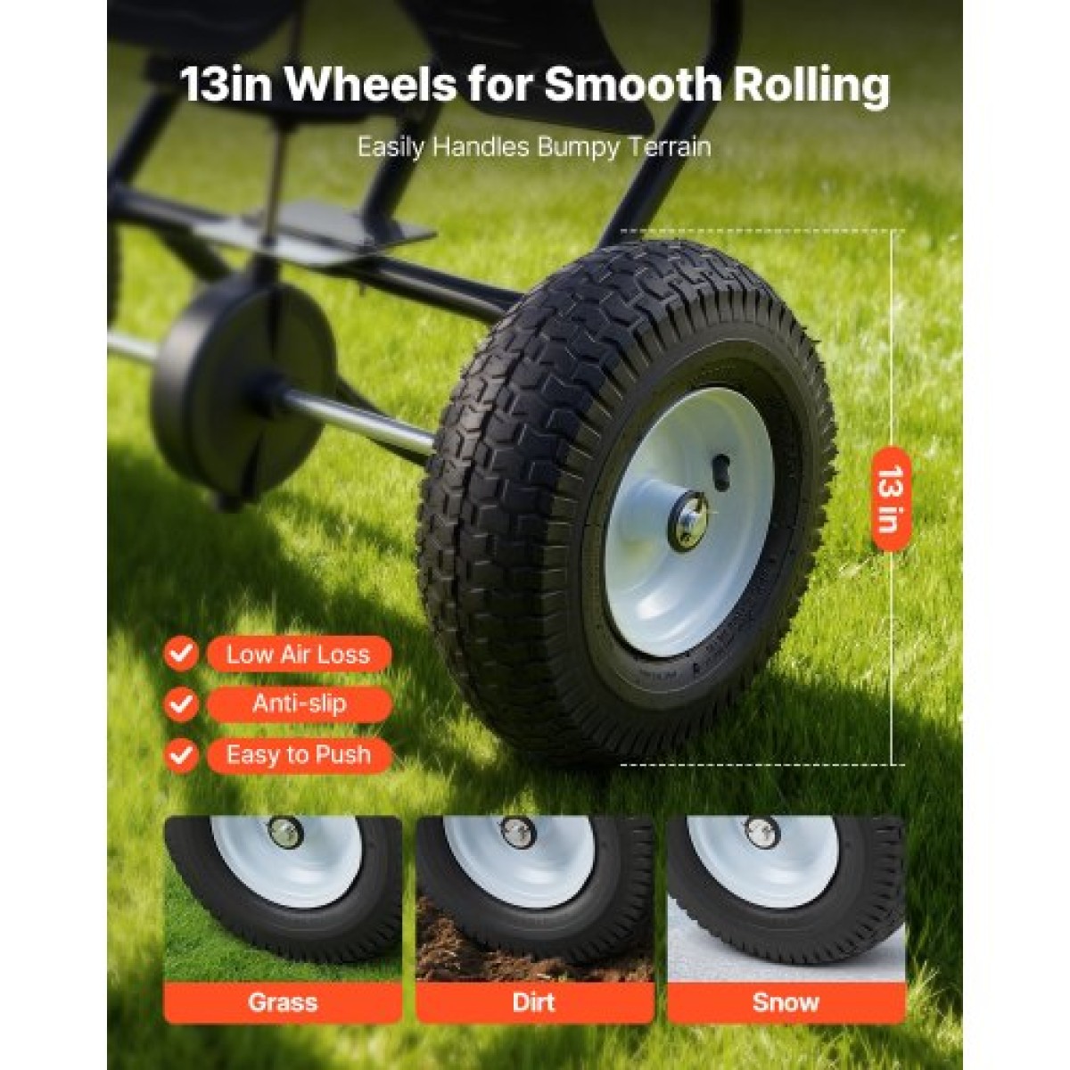 VEVOR Walk-Behind Spreader, πλάτος διασποράς 3,66 m, Push Broadcast Spreader με ελαστικά παντός εδάφους 13", Ρυθμιζόμενος έλεγχος ροής, χοάνη χωρητικότητας 59 kg, Διανομείς γκαζόν για λιώσιμο πάγου σπόρων λιπασμάτων