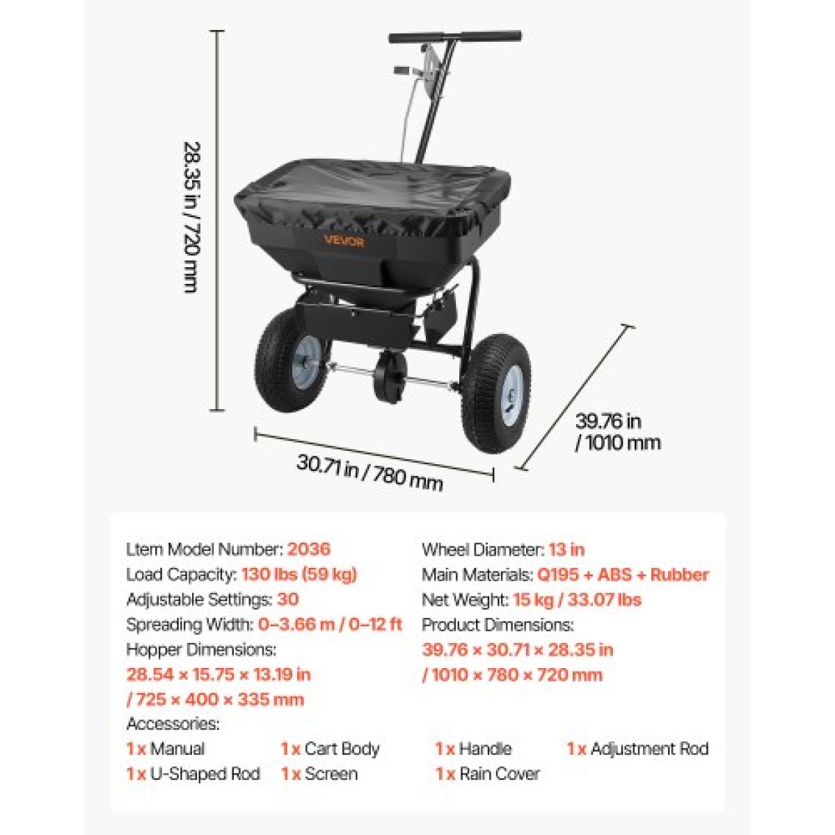 VEVOR Walk-Behind Spreader, πλάτος διασποράς 3,66 m, Push Broadcast Spreader με ελαστικά παντός εδάφους 13", Ρυθμιζόμενος έλεγχος ροής, χοάνη χωρητικότητας 59 kg, Διανομείς γκαζόν για λιώσιμο πάγου σπόρων λιπασμάτων