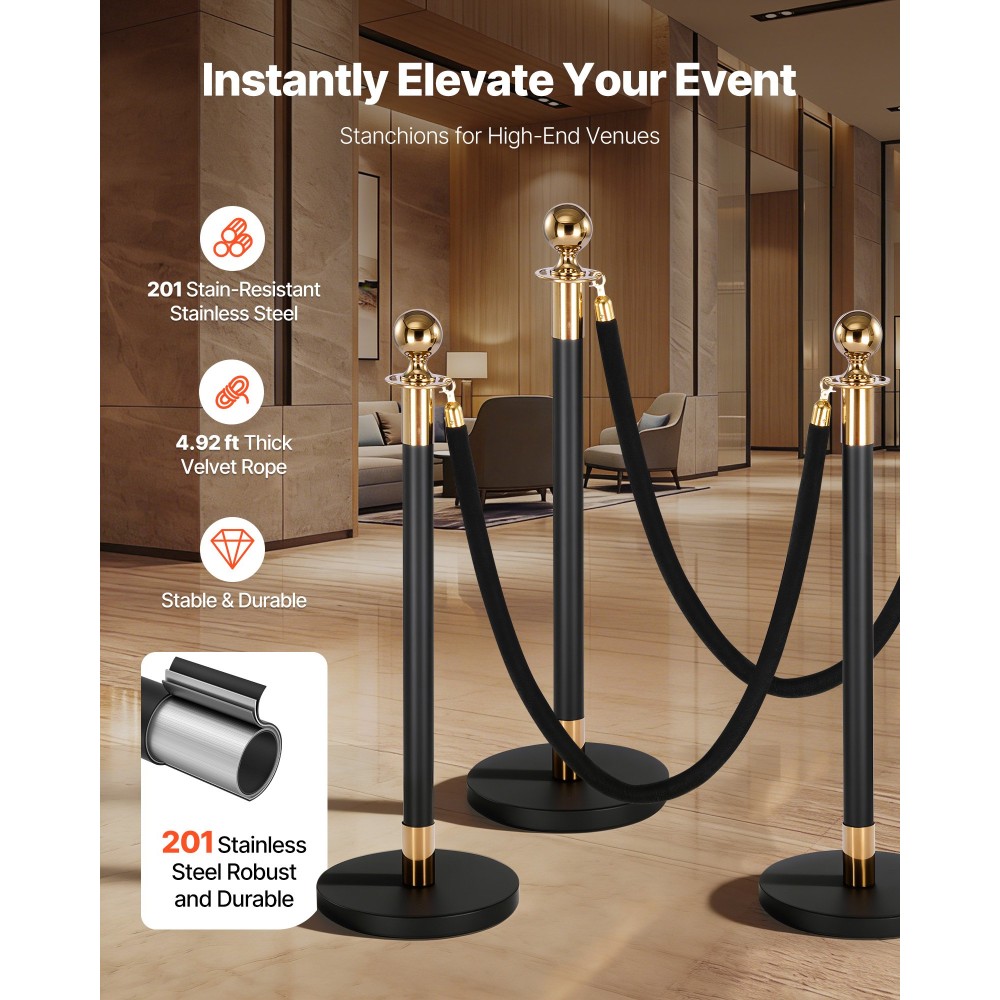 VEVOR Stanchion Post, 4 τεμ. Crowd Control Barrier Set με 2 Μαύρα Βελούδινα Σχοινιά, Ανοξείδωτο Stenchion Post Queue με Κοίλη Βάση για Θέατρο, Πάρτι, Γάμο, Έκθεση, Εκδήλωση (Μαύρο)