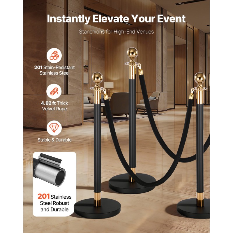 VEVOR Stanchion Post, 4 τεμ. Crowd Control Barrier Set με 2 Μαύρα Βελούδινα Σχοινιά, Ανοξείδωτο Stenchion Post Queue με Κοίλη Βάση για Θέατρο, Πάρτι, Γάμο, Έκθεση, Εκδήλωση (Μαύρο)