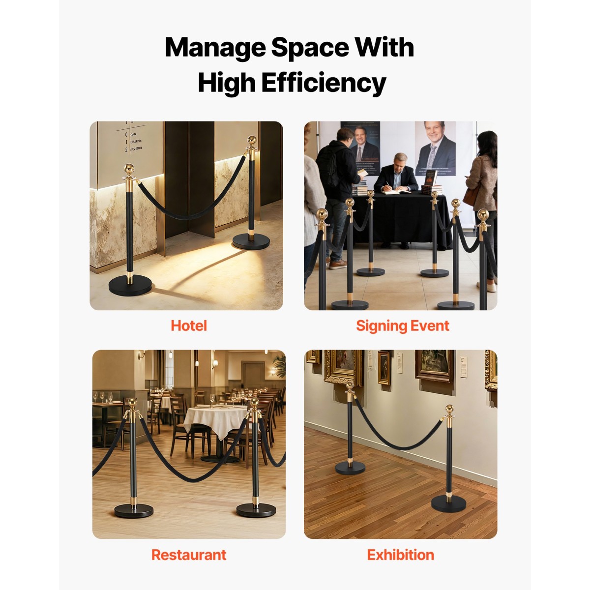 VEVOR Stanchion Post, 4 τεμ. Crowd Control Barrier Set με 2 Μαύρα Βελούδινα Σχοινιά, Ανοξείδωτο Stenchion Post Queue με Κοίλη Βάση για Θέατρο, Πάρτι, Γάμο, Έκθεση, Εκδήλωση (Μαύρο)
