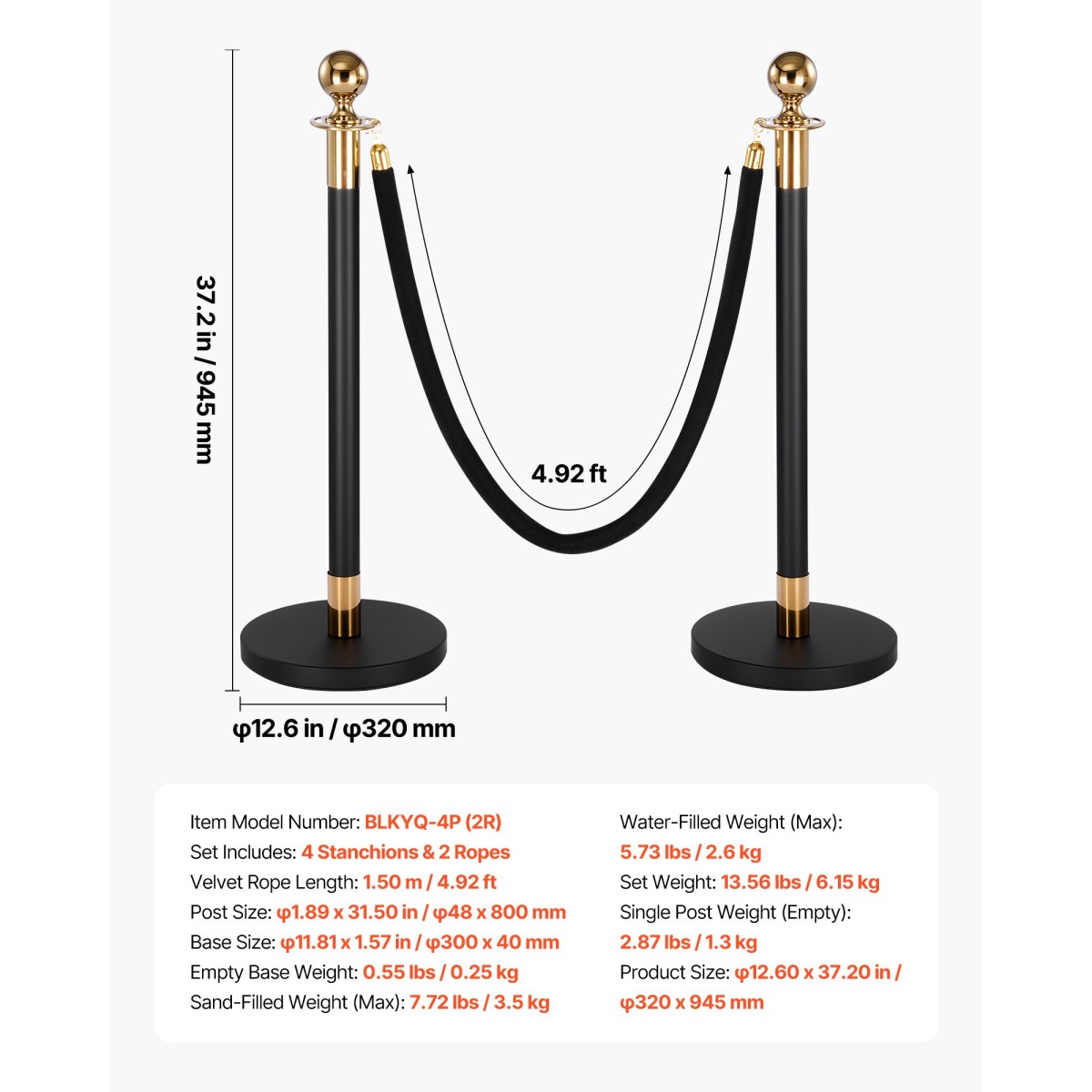 VEVOR Stanchion Post, 4 τεμ. Crowd Control Barrier Set με 2 Μαύρα Βελούδινα Σχοινιά, Ανοξείδωτο Stenchion Post Queue με Κοίλη Βάση για Θέατρο, Πάρτι, Γάμο, Έκθεση, Εκδήλωση (Μαύρο)