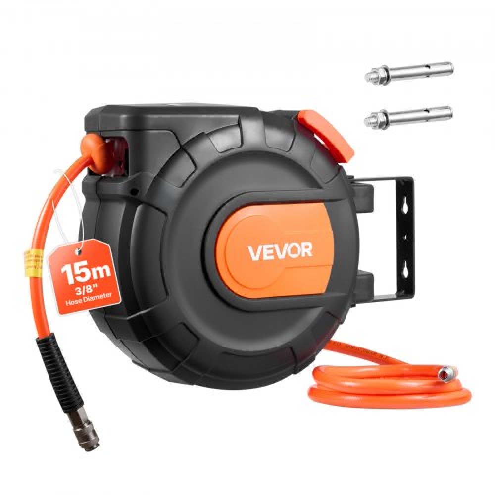 Πτυσσόμενο καρούλι λάστιχου αέρα VEVOR, 15m x 9,5mm PVC σωλήνας αέρα Max 300PSI, κλειστός σωλήνες αεροσυμπιεστή Roel Auto Rewind with 1m Lead in, 180° περιστρεφόμενη οροφή/βάση τοίχου για συνεργεία συνεργείων