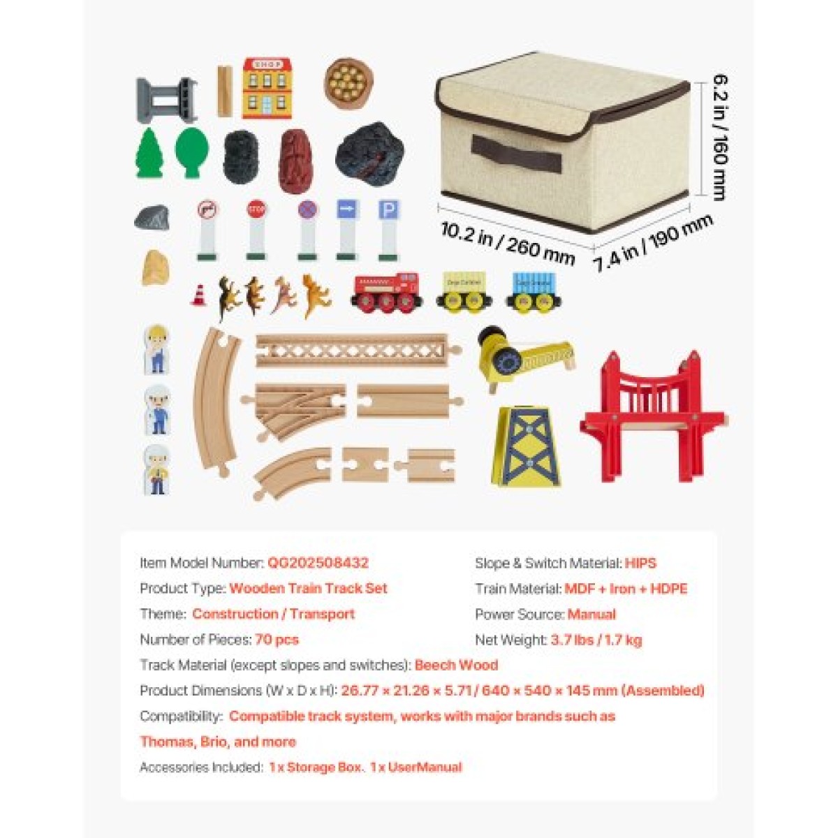 VEVOR 70PCS Ξύλινο σετ τρένου, με μαγνητικό γερανό, Ξύλινο παιχνίδι σιδηροδρομικής γραμμής για παιδιά 3-8 ετών, Σετ σιδηροδρομικού γερανού κατασκευής, συμβατό με μεγάλες μάρκες, χριστουγεννιάτικο παιχνίδι γενεθλίων για νήπια αγόρια κορίτσια