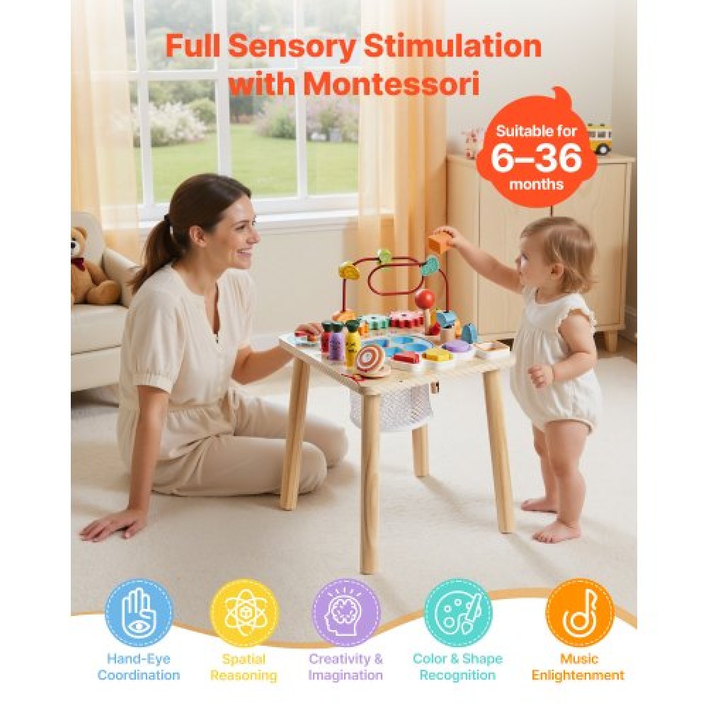 VEVOR Montessori Activity Table for Toddler 1-3 Years Old, 8 in 1 Wooden Learn Activity Desk, Baby Play Table for Boys & Girls Aged 6+ Months, Great Birthday, Christmas, Children's Day Present