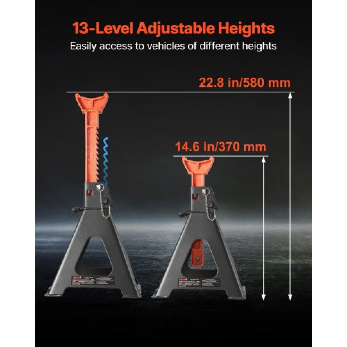 VEVOR Jack Stand, χωρητικότητα 6 Ton (13.000 lbs), 370-580 mm ρυθμιζόμενο ύψος, βαρέως τύπου Steel Jack Stand με διπλό κλείδωμα, για ανύψωση RV, Small Truck, Car, SUV, 1 Pair, Black and Orange