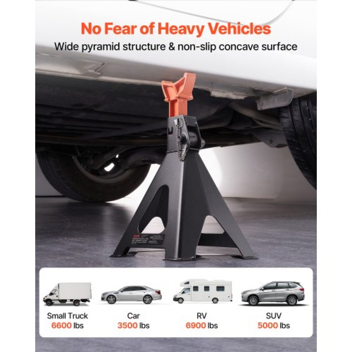 VEVOR Jack Stand, χωρητικότητα 6 Ton (13.000 lbs), 370-580 mm ρυθμιζόμενο ύψος, βαρέως τύπου Steel Jack Stand με διπλό κλείδωμα, για ανύψωση RV, Small Truck, Car, SUV, 1 Pair, Black and Orange