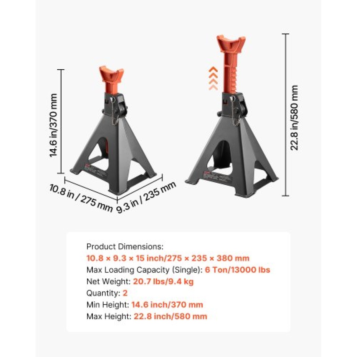VEVOR Jack Stand, χωρητικότητα 6 Ton (13.000 lbs), 370-580 mm ρυθμιζόμενο ύψος, βαρέως τύπου Steel Jack Stand με διπλό κλείδωμα, για ανύψωση RV, Small Truck, Car, SUV, 1 Pair, Black and Orange