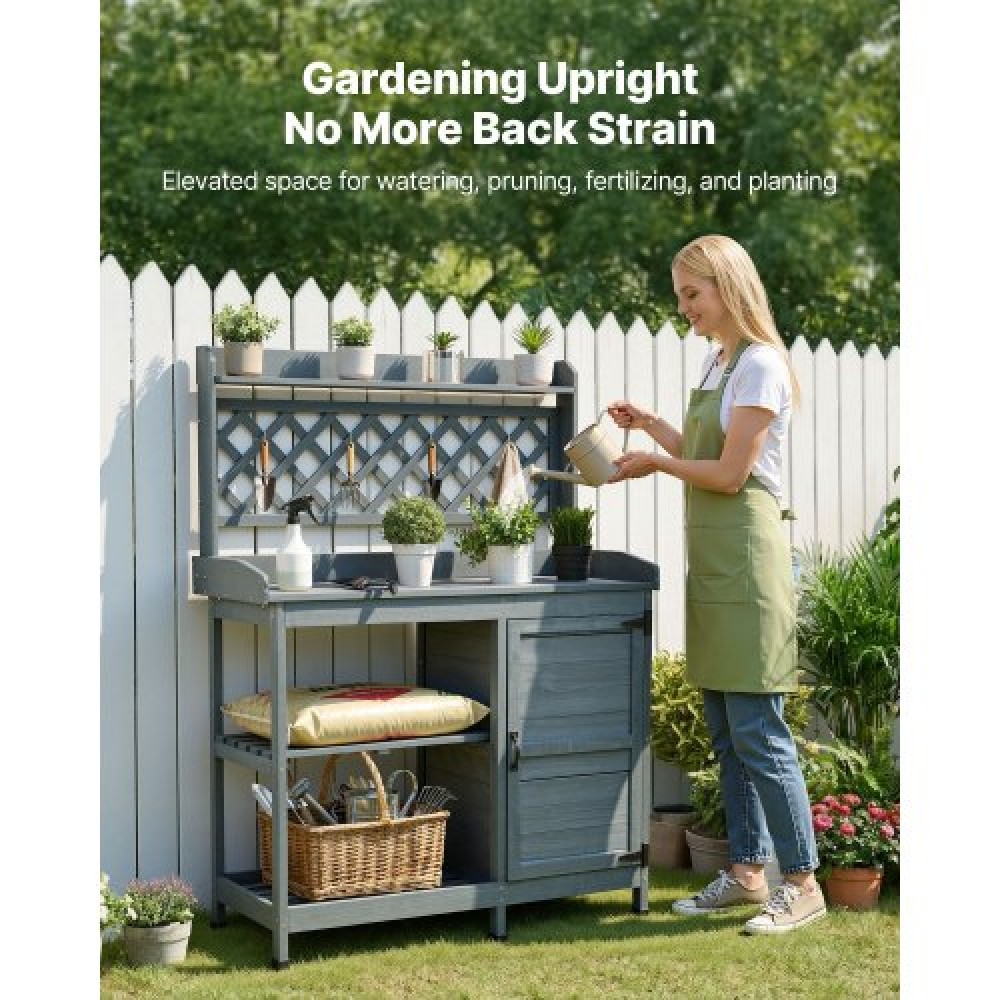 VEVOR Potting Bench Table, Outdoor Gardening Wooden Workstation with Storage Cabinet, Storage Shelves, 110 x 46 cm Wood Tabletop, Garden Planting Work Station for Patio, Backyard, Balcony, Gray
