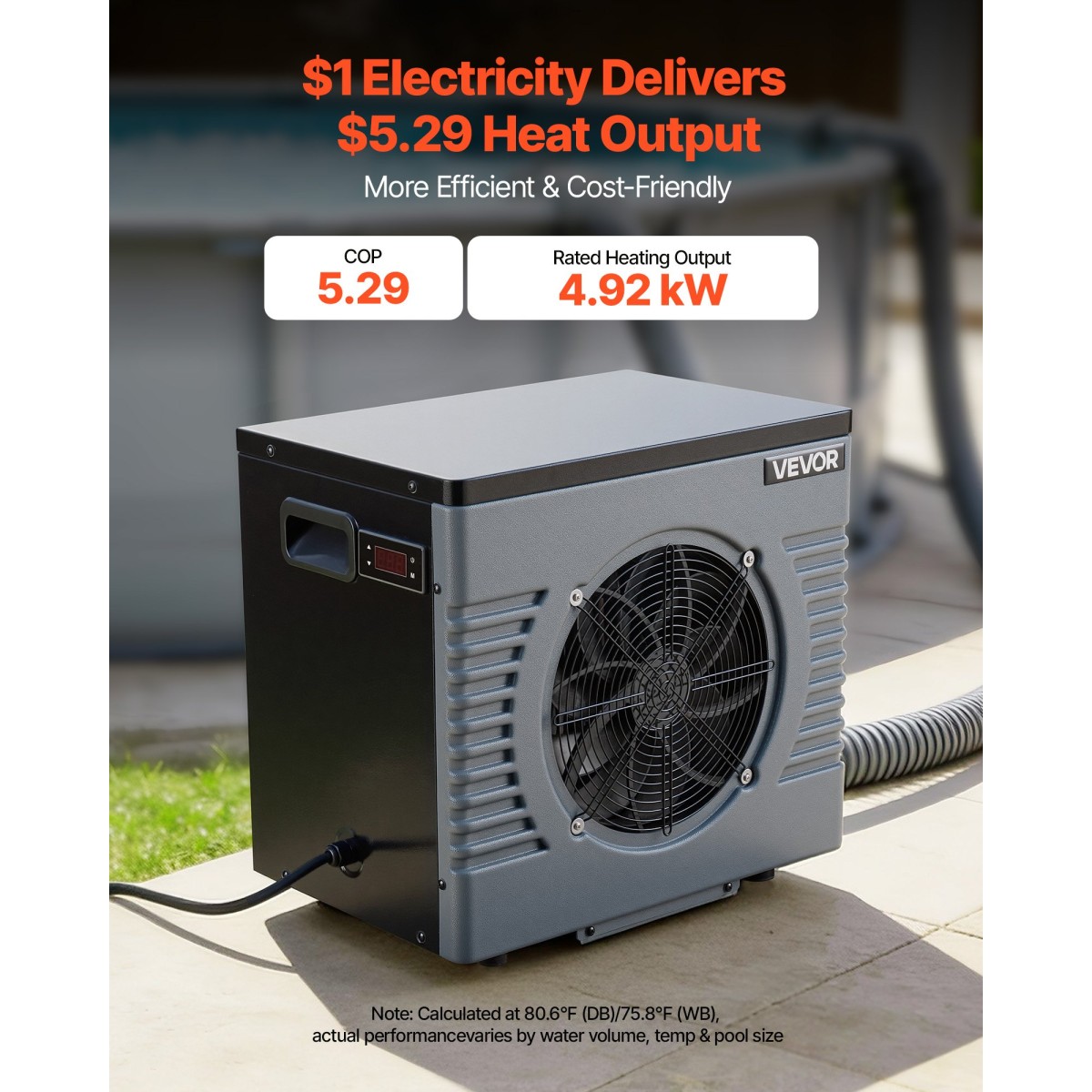 Αντλία θερμότητας πισίνας VEVOR 4920 W, Ηλεκτρικός θερμαντήρας πισίνας για πάνω από 18 m³, Max COP 5,29, Χαμηλό θόρυβο, Προστασία GFCI, 15-40 ℃ Θερμοκρασία θέρμανσης για κολύμπι και γυμναστική, 220V 50Hz