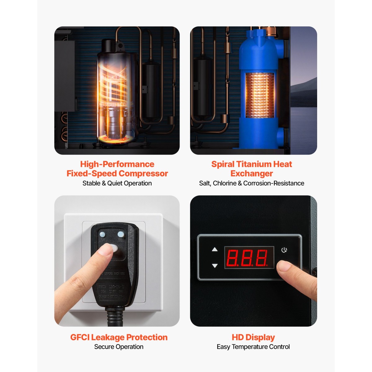 Αντλία θερμότητας πισίνας VEVOR 4920 W, Ηλεκτρικός θερμαντήρας πισίνας για πάνω από 18 m³, Max COP 5,29, Χαμηλό θόρυβο, Προστασία GFCI, 15-40 ℃ Θερμοκρασία θέρμανσης για κολύμπι και γυμναστική, 220V 50Hz