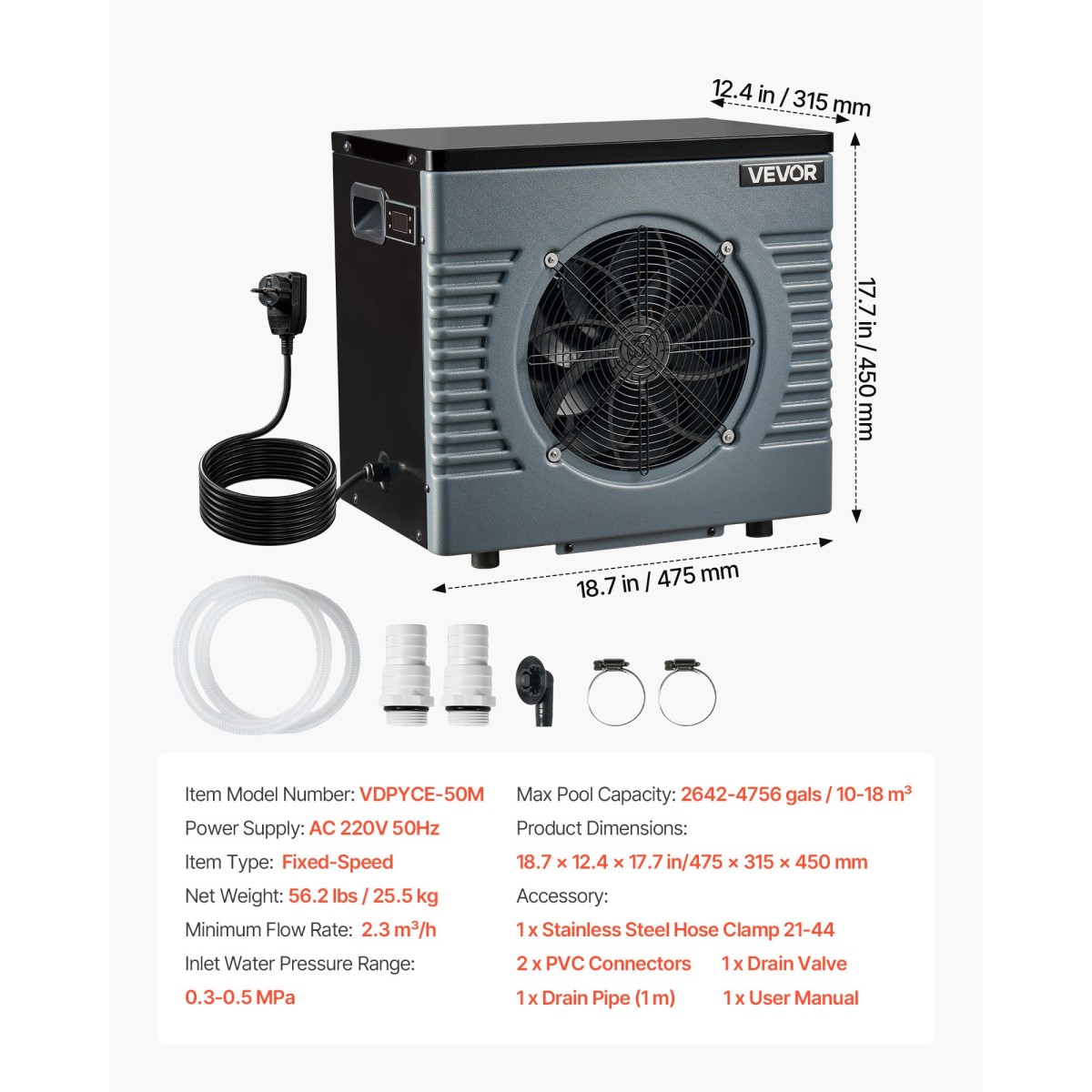 Αντλία θερμότητας πισίνας VEVOR 4920 W, Ηλεκτρικός θερμαντήρας πισίνας για πάνω από 18 m³, Max COP 5,29, Χαμηλό θόρυβο, Προστασία GFCI, 15-40 ℃ Θερμοκρασία θέρμανσης για κολύμπι και γυμναστική, 220V 50Hz