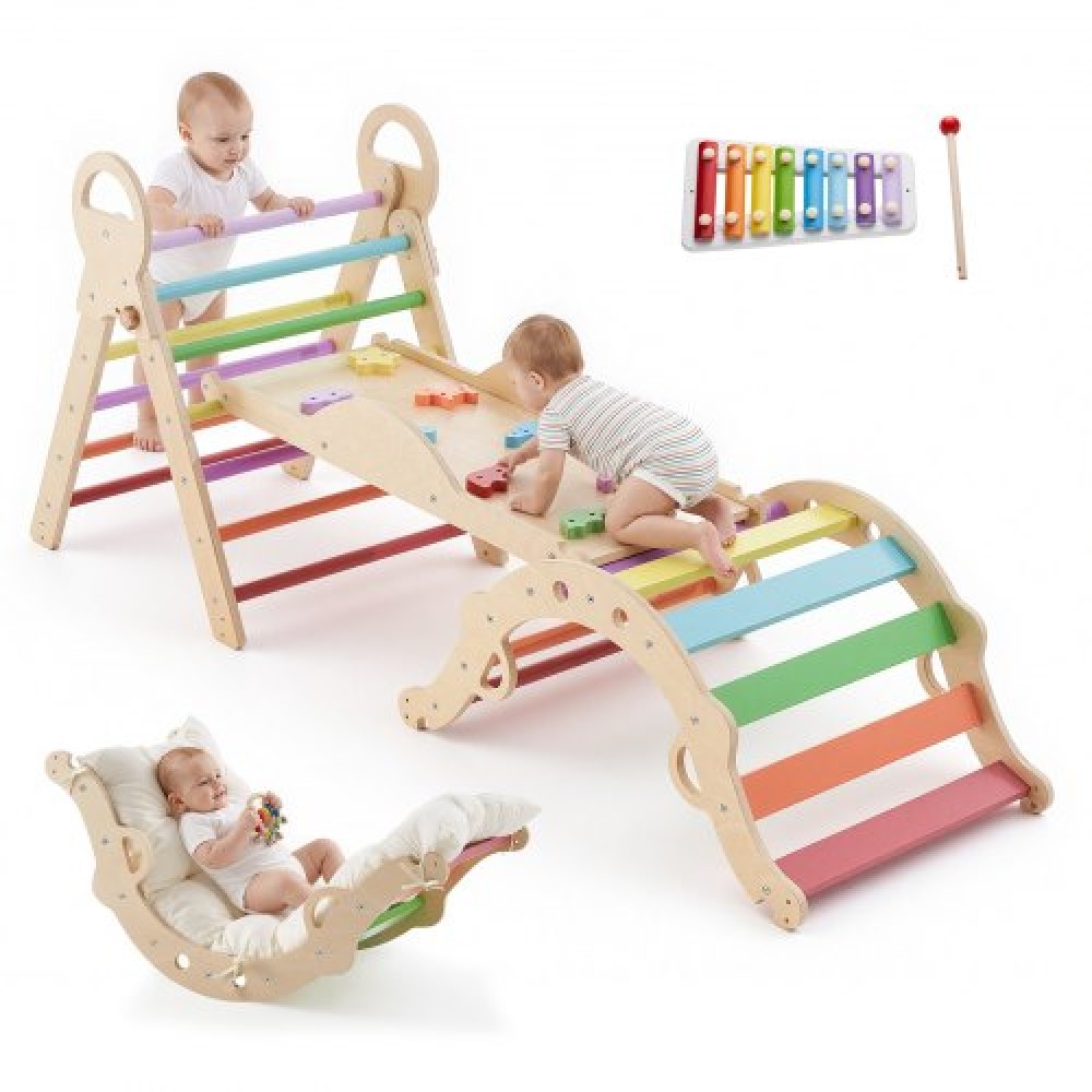 VEVOR Pikler Triangle Set, 9 σε 1 Toddler Climbing Toys Indoor, με Ξυλόφωνο, Μαξιλάρι, Τρίγωνο, Αψίδα και Ράμπα, Φορτίο 68 κιλών, Πτυσσόμενο Σετ αναρρίχησης Montessori για νήπια και παιδιά, Rainbow
