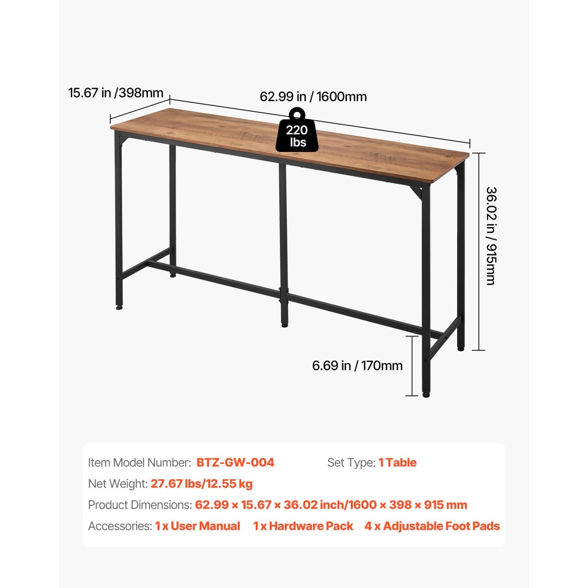 Τραπέζι Bar VEVOR, 1 ΤΕΜ 1600,2mm Τραπέζι μπαρ κουζίνας, Ψηλές τραπεζαρίες με στρογγυλεμένες άκρες, ορθογώνια ψηλά τραπέζια κουζίνας για μπαλκόνι, σαλόνι, ανοιχτό καφέ, μαύρο, εκτεταμένη οριζόντια σχεδίαση