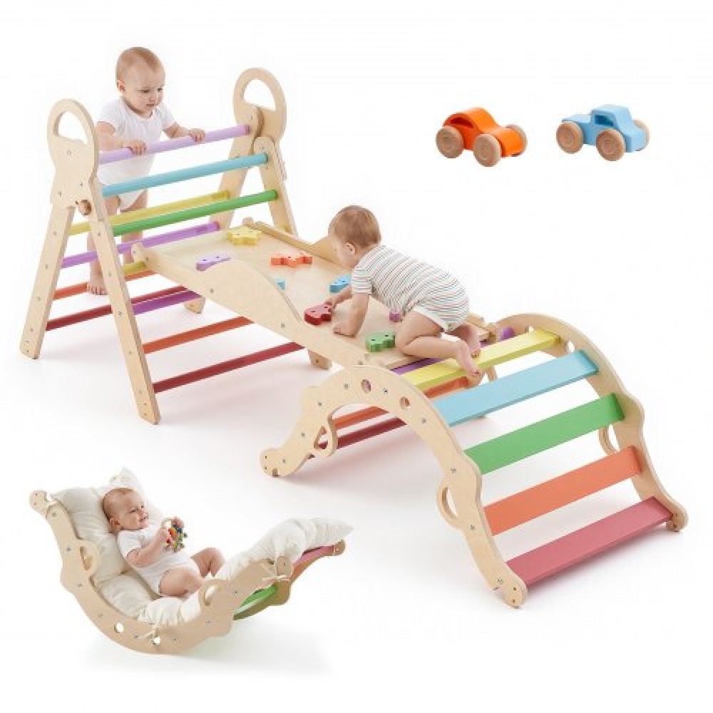 VEVOR Pikler Triangle Set, 9 σε 1 Toddler Climbing Toys Indoor, με 2 Ξύλινα Αυτοκίνητα, Μαξιλάρι, Τρίγωνο, Αψίδα και Ράμπα, Φορτίο 68 κιλών, Πτυσσόμενο Σετ αναρρίχησης Montessori για νήπια και παιδιά, Rainbow