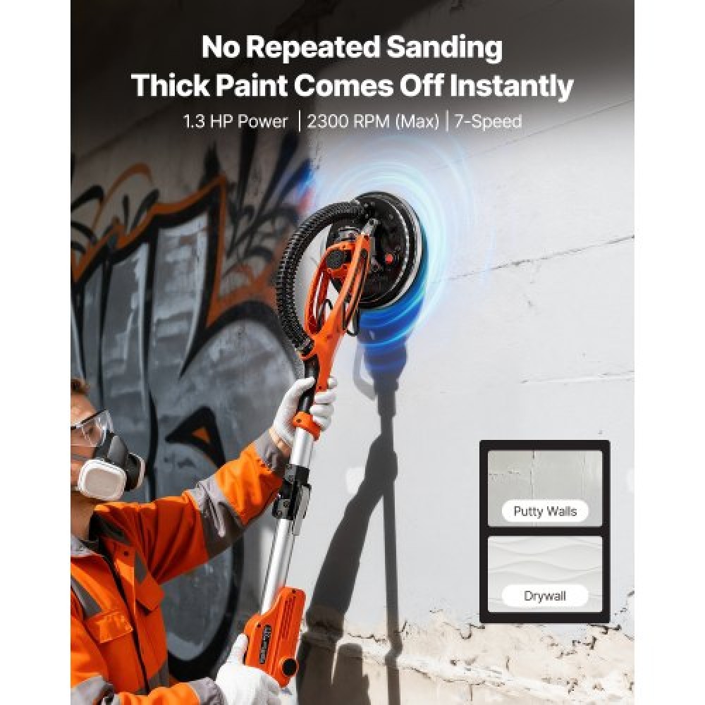 VEVOR Drywall Sander, 950W Electric Drywall Sander, Popcorn Ceiling Removal Tool with 7 Variable Speed 1000-2300 RPM, Double-Deck LED Light, Foldable & Extendable Handle, 15 Sanding Discs, Dust Hose