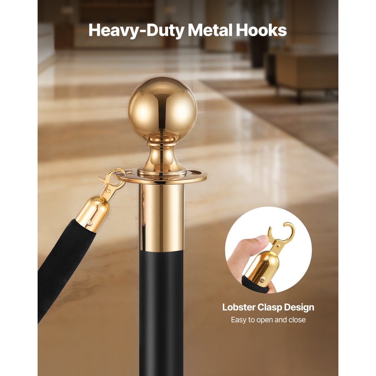 VEVOR 2 τεμ. Μαύρα βελούδινα σχοινιά Stanchion, 1,5 m Crowd Control Stanchion Μαύρα βελούδινα σχοινιά με χρυσούς γάντζους, σχοινί χαλιού Post Queue Barrier για εκδηλώσεις χαλί Κινηματογράφοι Μεγάλα εγκαίνια Ξενοδοχεία Πάρτι