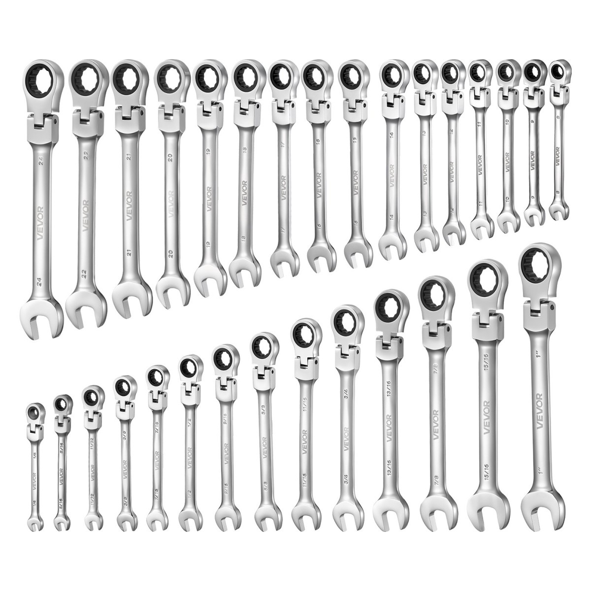 Σετ κλειδιών καστάνιας VEVOR Flex-Head, SAE και Metric, 30 τεμαχίων, 72 δοντιών, Cr-V Steel Ratchet Flexible Combined Wrench Set with Roll Up Pouch, για γενικές επισκευές οικιακής χρήσης και αυτοκινήτων, ασημί