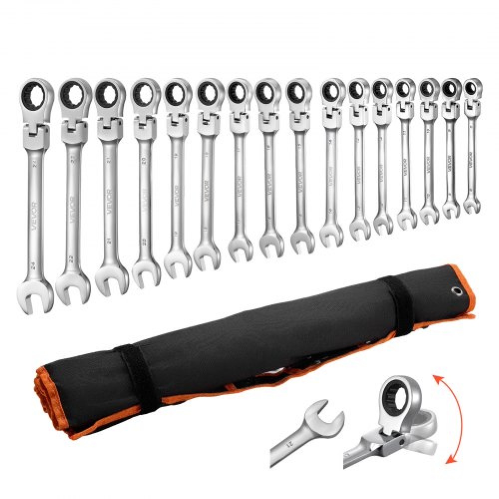 Σετ κλειδιών καστάνιας VEVOR Flex-Head, SAE και Metric, 30 τεμαχίων, 72 δοντιών, Cr-V Steel Ratchet Flexible Combined Wrench Set with Roll Up Pouch, για γενικές επισκευές οικιακής χρήσης και αυτοκινήτων, ασημί
