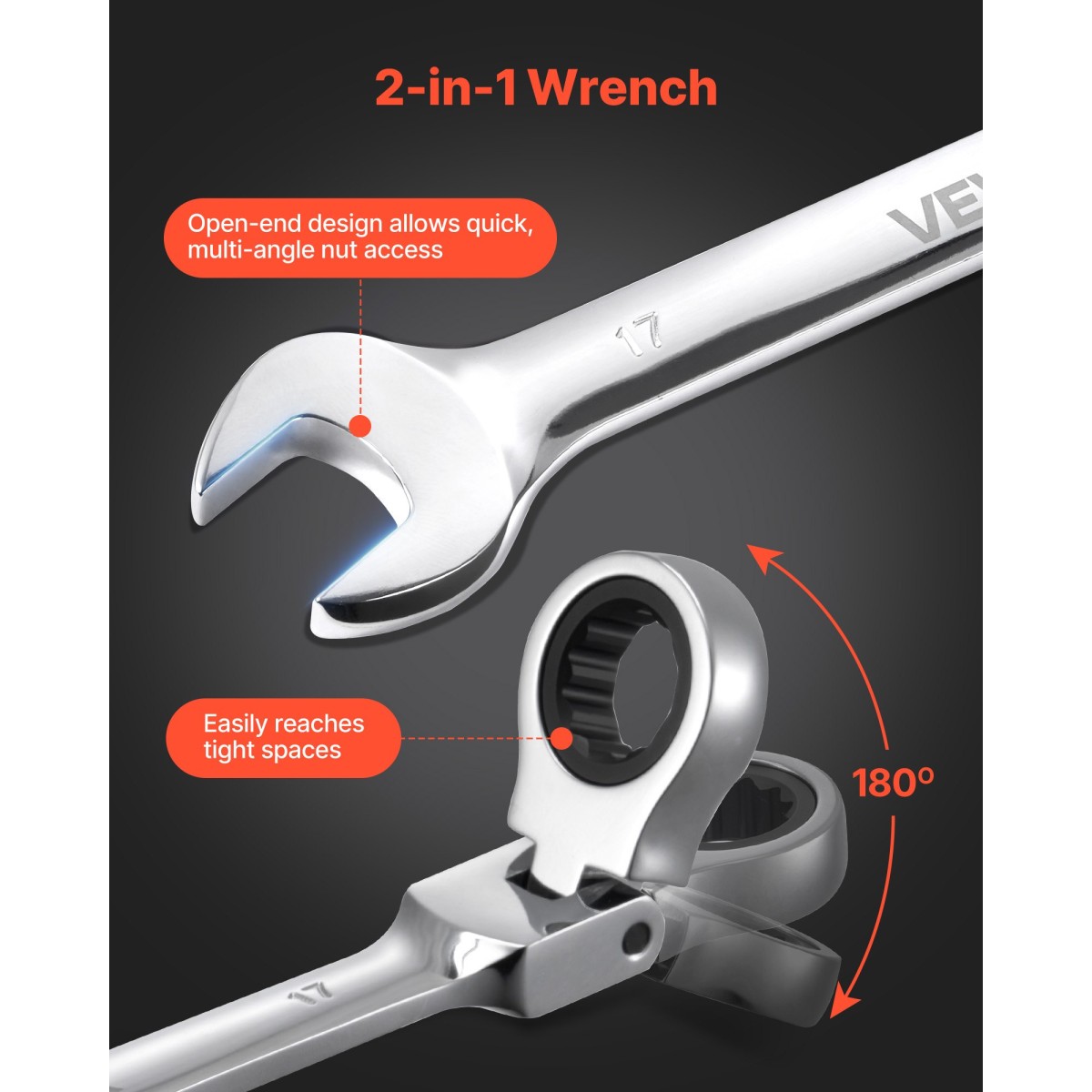 Σετ κλειδιών καστάνιας VEVOR Flex-Head, SAE και Metric, 30 τεμαχίων, 72 δοντιών, Cr-V Steel Ratchet Flexible Combined Wrench Set with Roll Up Pouch, για γενικές επισκευές οικιακής χρήσης και αυτοκινήτων, ασημί