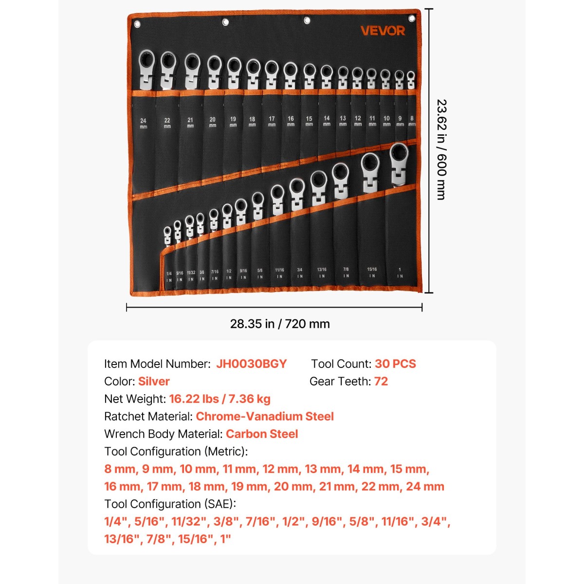 Σετ κλειδιών καστάνιας VEVOR Flex-Head, SAE και Metric, 30 τεμαχίων, 72 δοντιών, Cr-V Steel Ratchet Flexible Combined Wrench Set with Roll Up Pouch, για γενικές επισκευές οικιακής χρήσης και αυτοκινήτων, ασημί