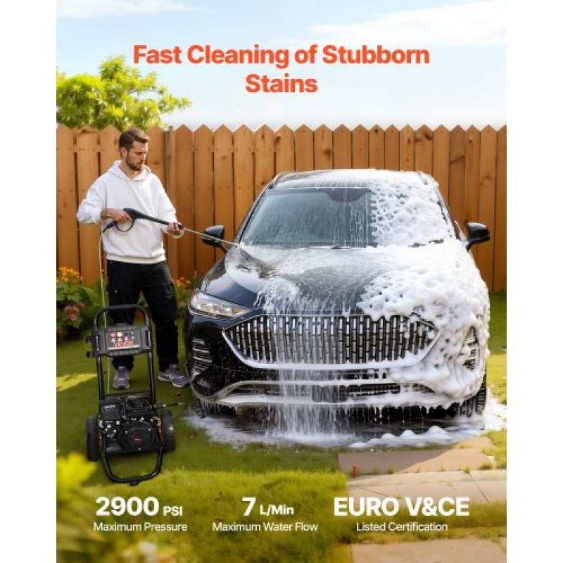 VEVOR Gas Pressure Washer 2900 PSI and Max 7 L/min, Αναβάθμιση αντλίας αλουμινίου με πιστόλι ψεκασμού και ραβδί, σετ 4 ακροφυσίων, πλυντήριο πίεσης αερίου για αυτοκίνητα, φράχτες, δρόμους, σπίτια, αίθρια, έπιπλα