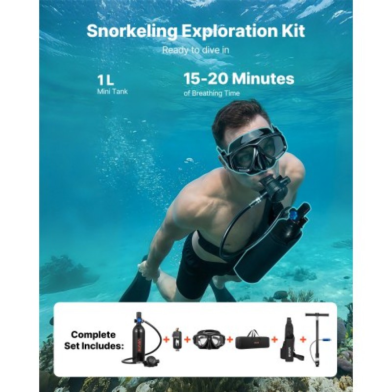 VEVOR Mini Scuba Tank, 1L Portable Diving Tank for Underwater Breathing, Reusable Lung Diving Cylinder up to 20 Minutes Dive Time, Emergency Rescue Pony Bottle with Adapter & Goggles for Snorkeling