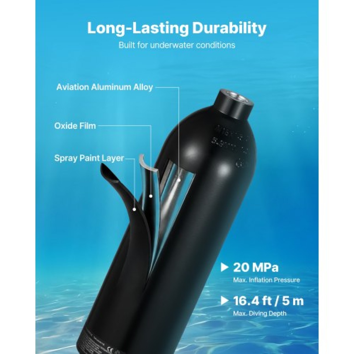 Mini Scuba Tank VEVOR, φορητή δεξαμενή κατάδυσης 1L για υποβρύχια αναπνοή, επαναχρησιμοποιούμενος κύλινδρος κατάδυσης πνεύμονα έως 20 λεπτά, μπουκάλι πόνυ έκτακτης ανάγκης διάσωσης με προσαρμογέα και γυαλιά για κολύμβηση με αναπνευστήρα