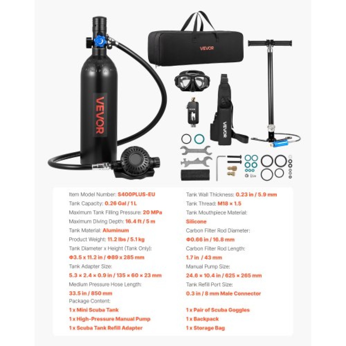 Mini Scuba Tank VEVOR, φορητή δεξαμενή κατάδυσης 1L για υποβρύχια αναπνοή, επαναχρησιμοποιούμενος κύλινδρος κατάδυσης πνεύμονα έως 20 λεπτά, μπουκάλι πόνυ έκτακτης ανάγκης διάσωσης με προσαρμογέα και γυαλιά για κολύμβηση με αναπνευστήρα