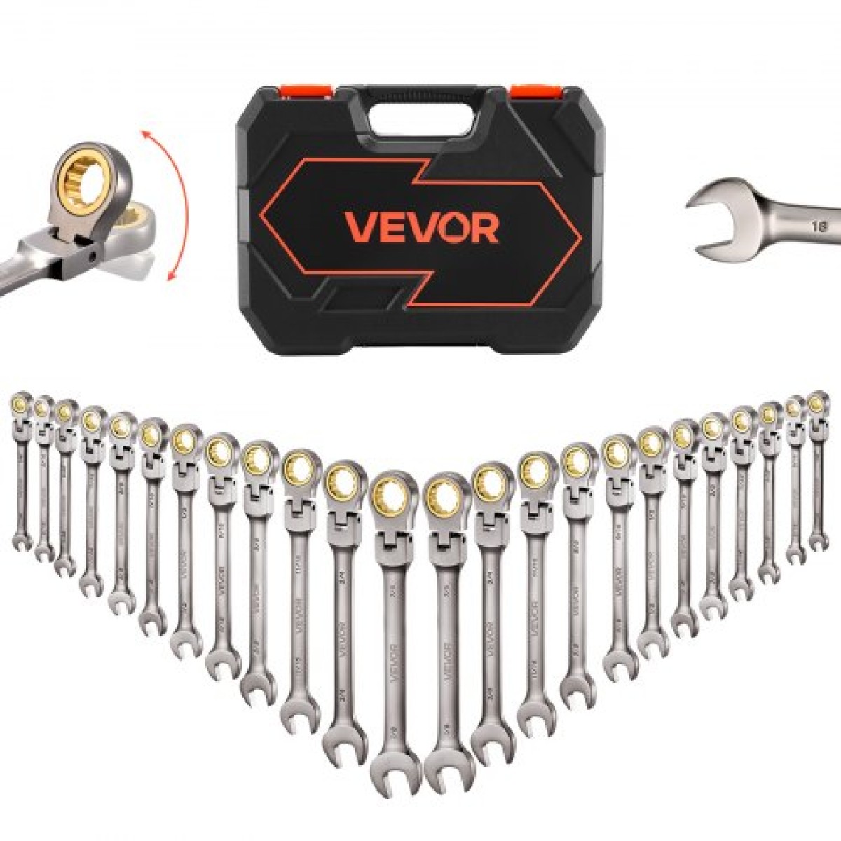 Σετ κλειδιών καστάνιας VEVOR Flex-Head, 24 τεμαχίων SAE και Metric, 72 δόντια, Cr-V Steel Ratchet εύκαμπτο συνδυαστικό κλειδί με θήκη αποθήκευσης, για γενικά νοικοκυριά, επισκευές αυτοκινήτων, γκρι νικέλιο