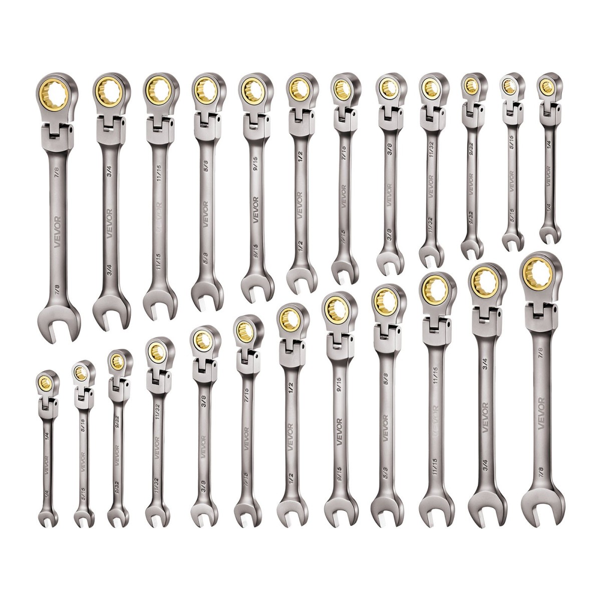 Σετ κλειδιών καστάνιας VEVOR Flex-Head, 24 τεμαχίων SAE και Metric, 72 δόντια, Cr-V Steel Ratchet εύκαμπτο συνδυαστικό κλειδί με θήκη αποθήκευσης, για γενικά νοικοκυριά, επισκευές αυτοκινήτων, γκρι νικέλιο