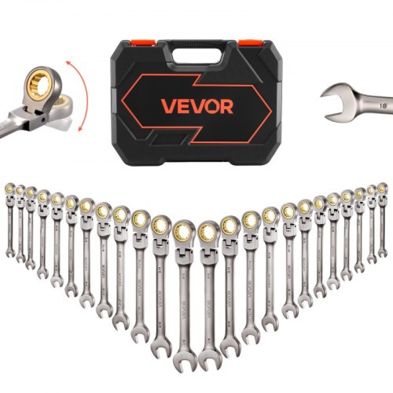 Σετ κλειδιών καστάνιας VEVOR Flex-Head, 24 τεμαχίων SAE και Metric, 72 δόντια, Cr-V Steel Ratchet εύκαμπτο συνδυαστικό κλειδί με θήκη αποθήκευσης, για γενικά νοικοκυριά, επισκευές αυτοκινήτων, γκρι νικέλιο