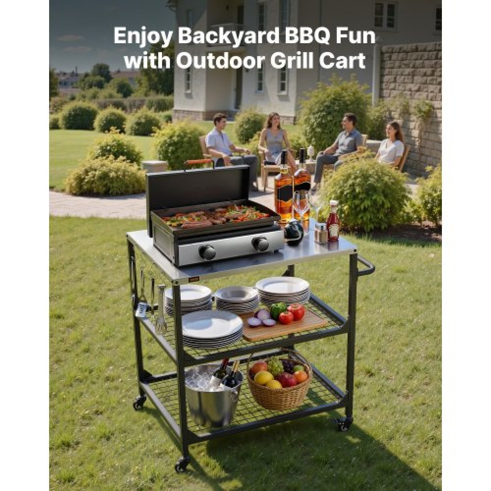 VEVOR Outdoor Grill Cart, 800 x 610mm Stainless Steel Tabletop Size Grilling Table, Outdoor Cooking Table with 4 Wheels & Side Handle, Two Mesh Shelves, BBQ Prep Tables for Patio, Garden
