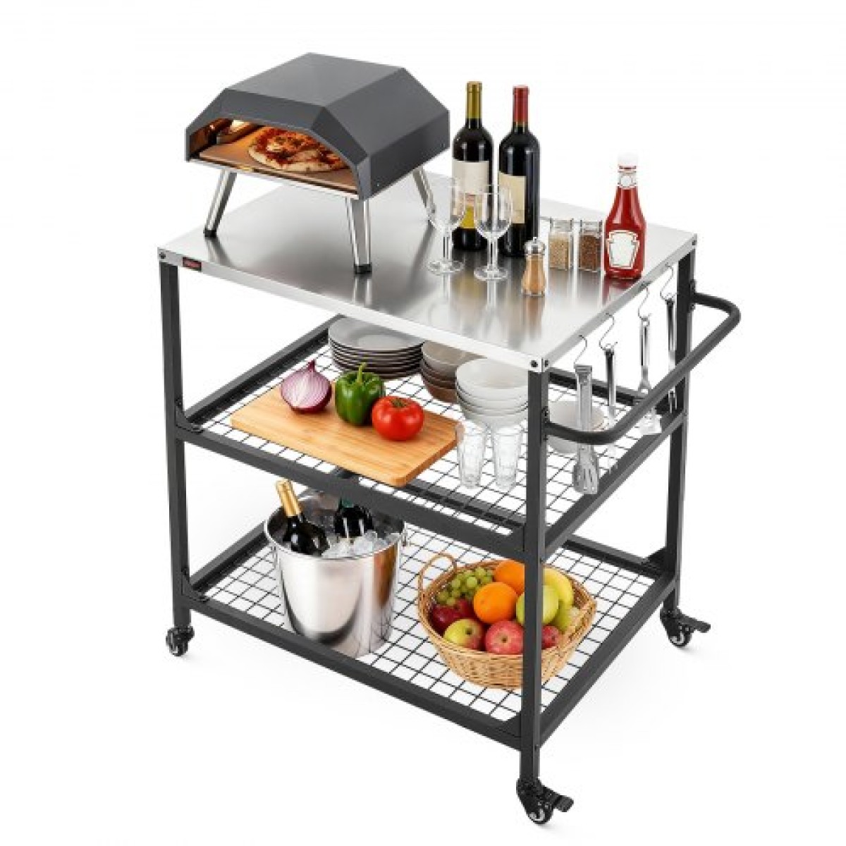 VEVOR Outdoor Grill Cart, τραπέζι ψησίματος από ανοξείδωτο ατσάλι 800 x 610 mm, Τραπέζι ψησίματος εξωτερικού χώρου με 4 ρόδες & πλαϊνή λαβή, δύο διχτυωτά ράφια, τραπέζια προετοιμασίας μπάρμπεκιου για βεράντα, κήπο