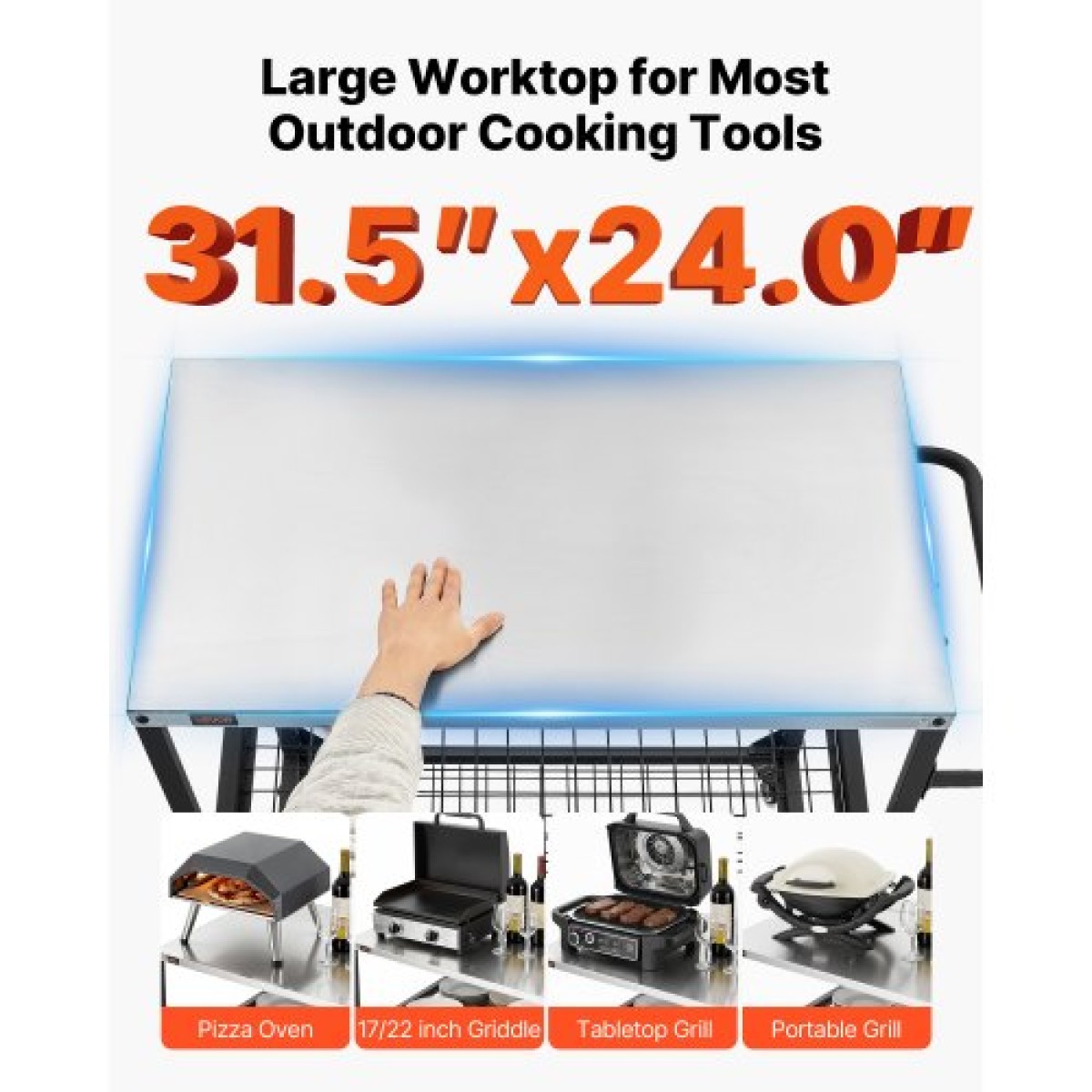 VEVOR Outdoor Grill Cart, τραπέζι ψησίματος από ανοξείδωτο ατσάλι 800 x 610 mm, Τραπέζι ψησίματος εξωτερικού χώρου με 4 ρόδες & πλαϊνή λαβή, δύο διχτυωτά ράφια, τραπέζια προετοιμασίας μπάρμπεκιου για βεράντα, κήπο