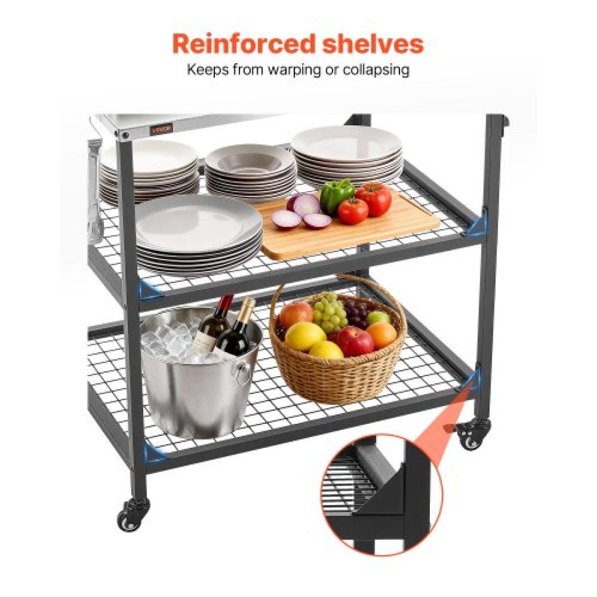 VEVOR Outdoor Grill Cart, τραπέζι ψησίματος από ανοξείδωτο ατσάλι 800 x 610 mm, Τραπέζι ψησίματος εξωτερικού χώρου με 4 ρόδες & πλαϊνή λαβή, δύο διχτυωτά ράφια, τραπέζια προετοιμασίας μπάρμπεκιου για βεράντα, κήπο