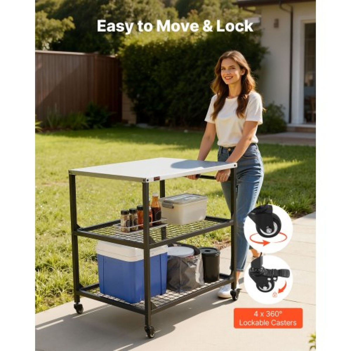 VEVOR Outdoor Grill Cart, τραπέζι ψησίματος από ανοξείδωτο ατσάλι 800 x 610 mm, Τραπέζι ψησίματος εξωτερικού χώρου με 4 ρόδες & πλαϊνή λαβή, δύο διχτυωτά ράφια, τραπέζια προετοιμασίας μπάρμπεκιου για βεράντα, κήπο
