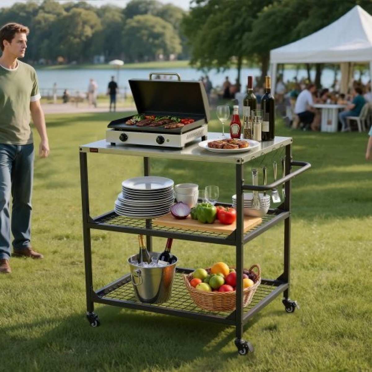 VEVOR Outdoor Grill Cart, τραπέζι ψησίματος από ανοξείδωτο ατσάλι 800 x 610 mm, Τραπέζι ψησίματος εξωτερικού χώρου με 4 ρόδες & πλαϊνή λαβή, δύο διχτυωτά ράφια, τραπέζια προετοιμασίας μπάρμπεκιου για βεράντα, κήπο
